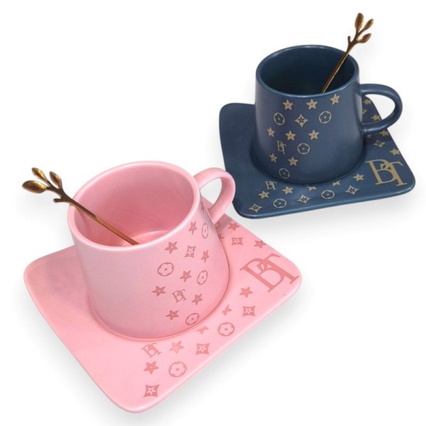 Κεραμική Κούπα με Πιατάκι και Χρυσό Κουταλάκι BT