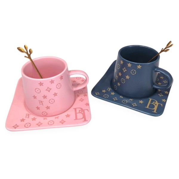 Κεραμική Κούπα με Πιατάκι και Χρυσό Κουταλάκι BT